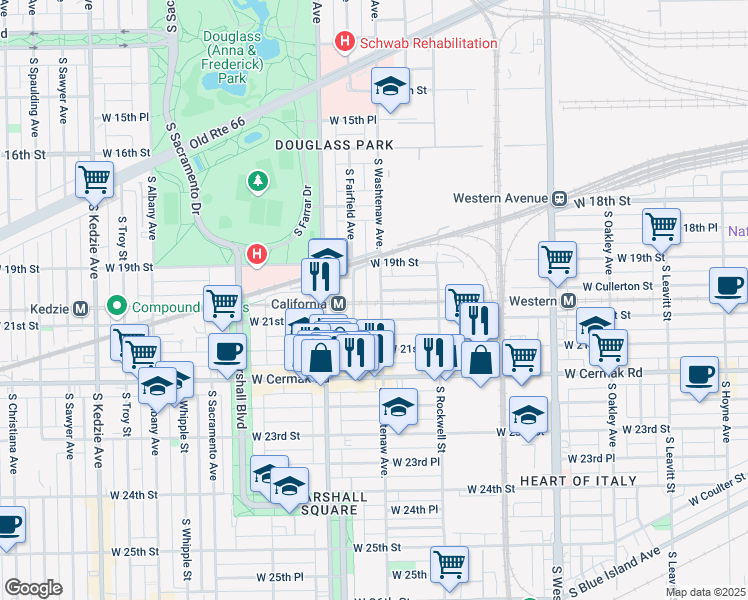 map of restaurants, bars, coffee shops, grocery stores, and more near 2005 South Washtenaw Avenue in Chicago
