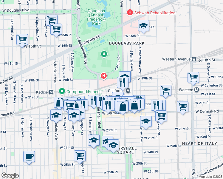 map of restaurants, bars, coffee shops, grocery stores, and more near 2851 West Cullerton Street in Chicago