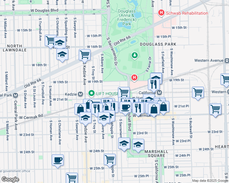 map of restaurants, bars, coffee shops, grocery stores, and more near 3001 West Cullerton Street in Chicago