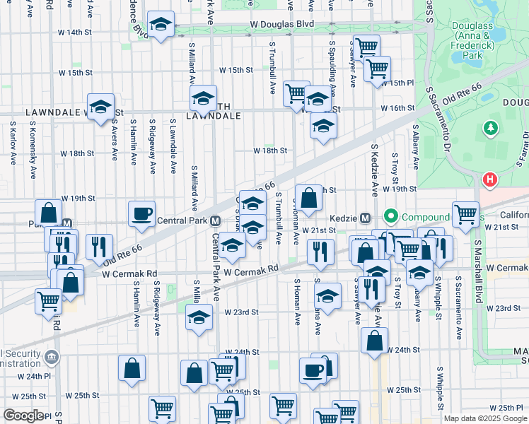 map of restaurants, bars, coffee shops, grocery stores, and more near 1920 South Saint Louis Avenue in Chicago