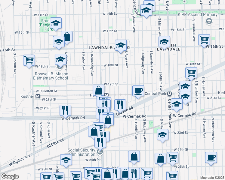map of restaurants, bars, coffee shops, grocery stores, and more near 1917 South Harding Avenue in Chicago