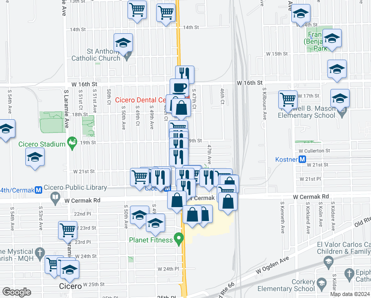 map of restaurants, bars, coffee shops, grocery stores, and more near 1909 South Cicero Avenue in Cicero