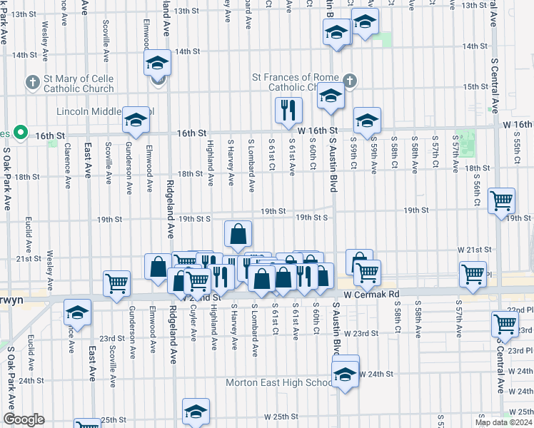 map of restaurants, bars, coffee shops, grocery stores, and more near 6142 West 19th Street in Cicero