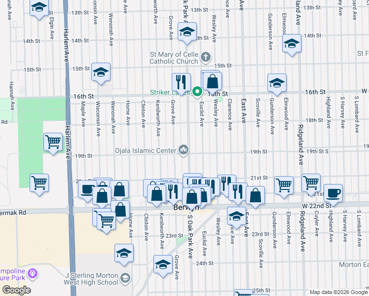 map of restaurants, bars, coffee shops, grocery stores, and more near 1841 South Oak Park Avenue in Berwyn
