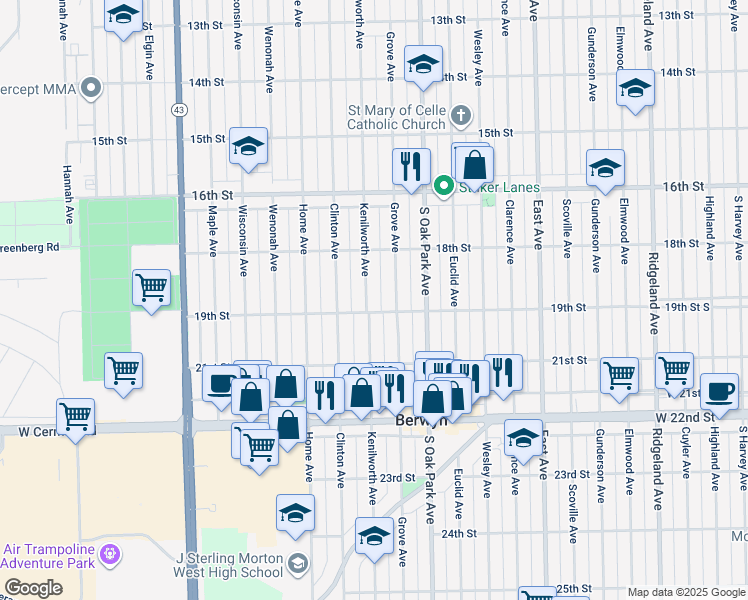 map of restaurants, bars, coffee shops, grocery stores, and more near 1844 Grove Avenue in Berwyn