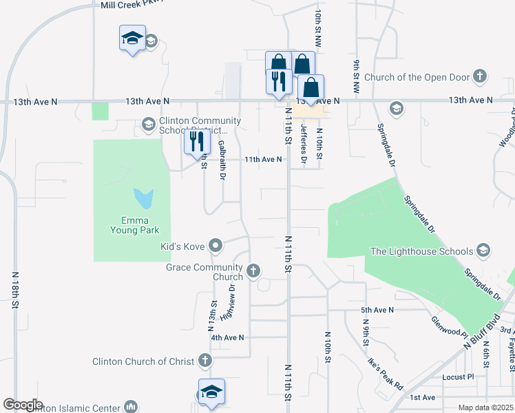 map of restaurants, bars, coffee shops, grocery stores, and more near 1143 10th Avenue North in Clinton