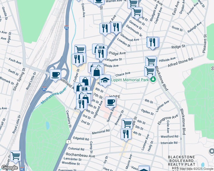 map of restaurants, bars, coffee shops, grocery stores, and more near 46 9th Street in Providence
