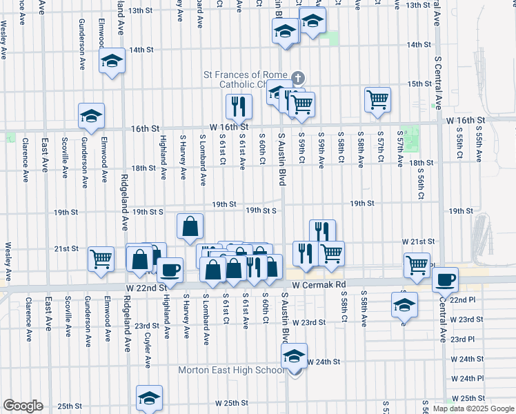 map of restaurants, bars, coffee shops, grocery stores, and more near 1846 South 60th Court in Cicero