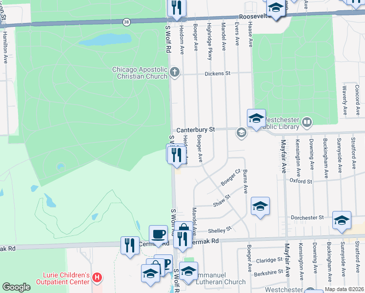 map of restaurants, bars, coffee shops, grocery stores, and more near 1624 Heidorn Avenue in Westchester