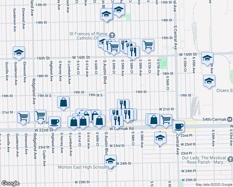 map of restaurants, bars, coffee shops, grocery stores, and more near 1901 South 59th Court in Cicero