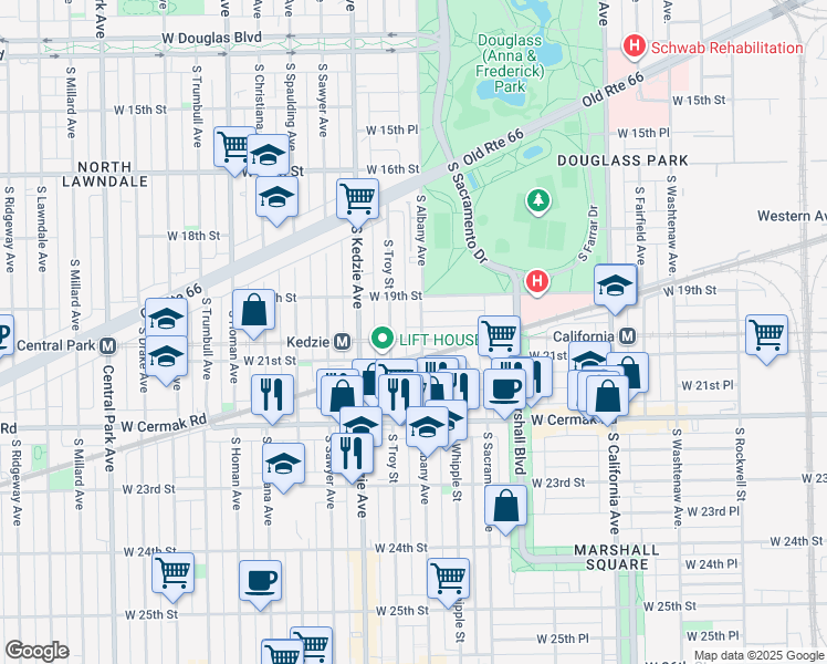 map of restaurants, bars, coffee shops, grocery stores, and more near 2000 South Albany Avenue in Chicago