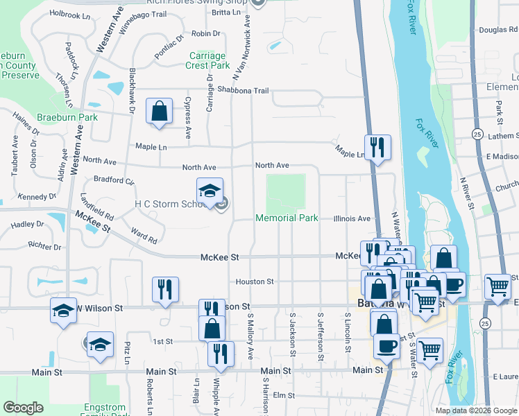 map of restaurants, bars, coffee shops, grocery stores, and more near 318 Republic Road in Batavia