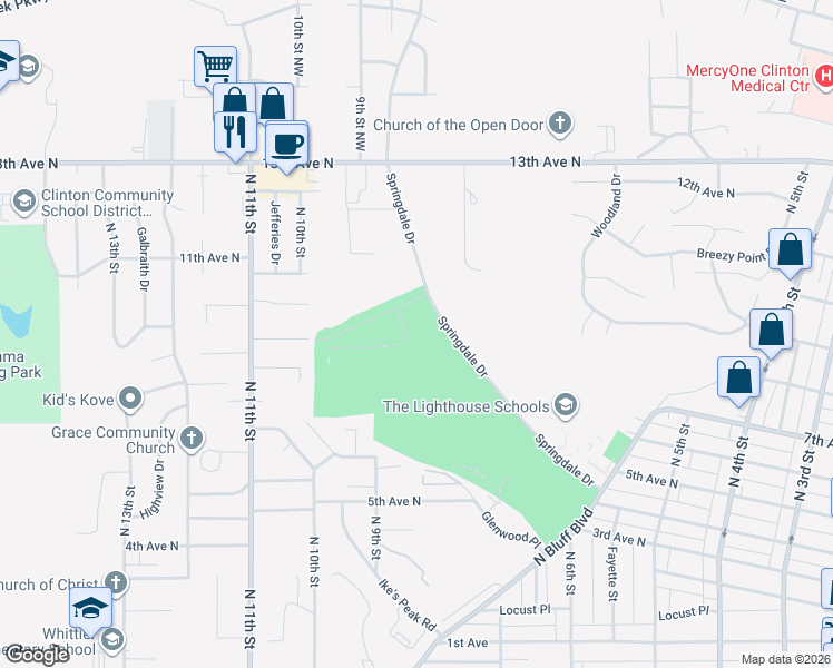 map of restaurants, bars, coffee shops, grocery stores, and more near 700-794 Springdale Drive in Clinton