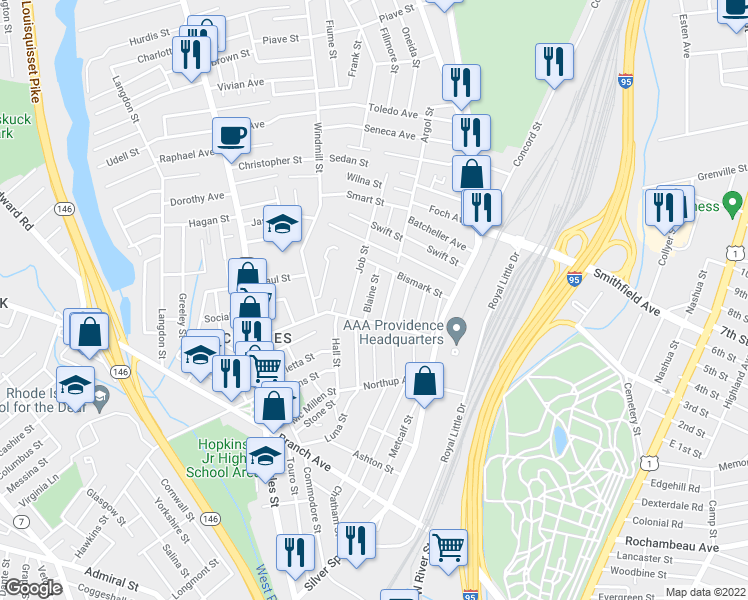 map of restaurants, bars, coffee shops, grocery stores, and more near 25 Blaine Street in Providence