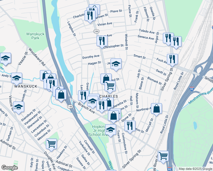 map of restaurants, bars, coffee shops, grocery stores, and more near 650 Charles Street in Providence