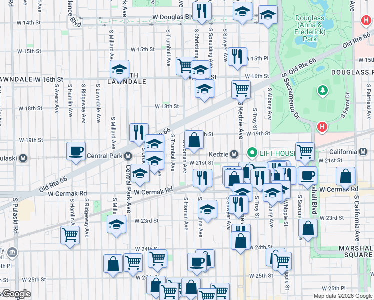 map of restaurants, bars, coffee shops, grocery stores, and more near 1928 South Christiana Avenue in Chicago
