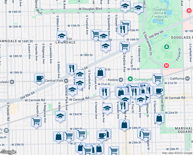 map of restaurants, bars, coffee shops, grocery stores, and more near 1931 South Homan Avenue in Chicago