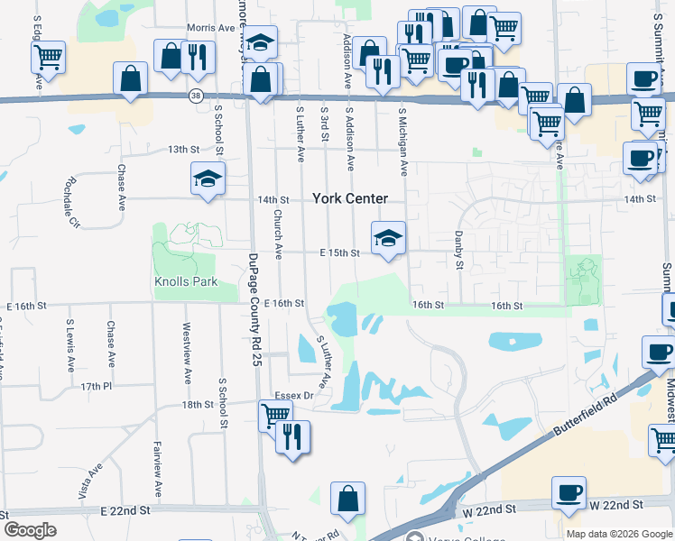 map of restaurants, bars, coffee shops, grocery stores, and more near 1S329 South 3rd Avenue in Lombard