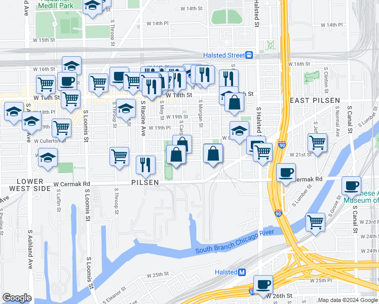 map of restaurants, bars, coffee shops, grocery stores, and more near 1025 West 20th Place in Chicago