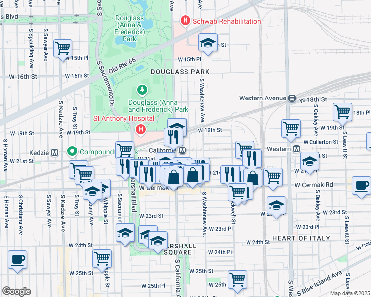 map of restaurants, bars, coffee shops, grocery stores, and more near 1930 South Fairfield Avenue in Chicago