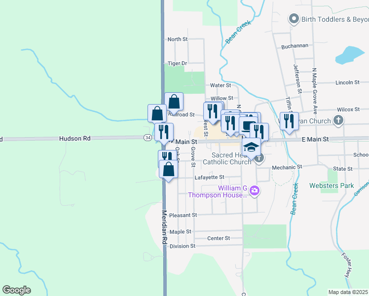map of restaurants, bars, coffee shops, grocery stores, and more near 511 W Main St in Hudson