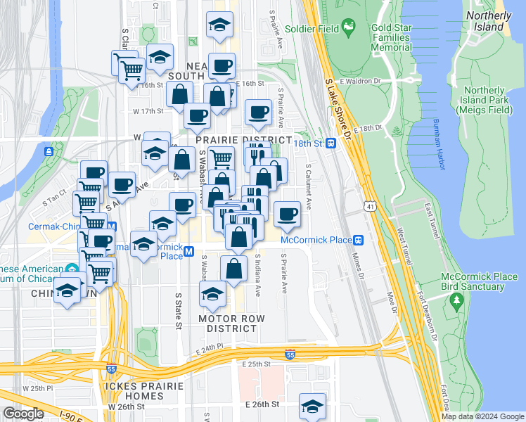 map of restaurants, bars, coffee shops, grocery stores, and more near 2065 South Indiana Avenue in Chicago