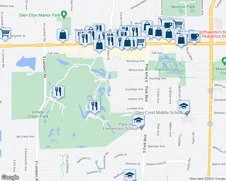 map of restaurants, bars, coffee shops, grocery stores, and more near 138 South Parkside Avenue in Glen Ellyn