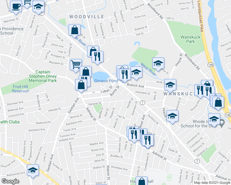 map of restaurants, bars, coffee shops, grocery stores, and more near 32 Burns Street in Providence