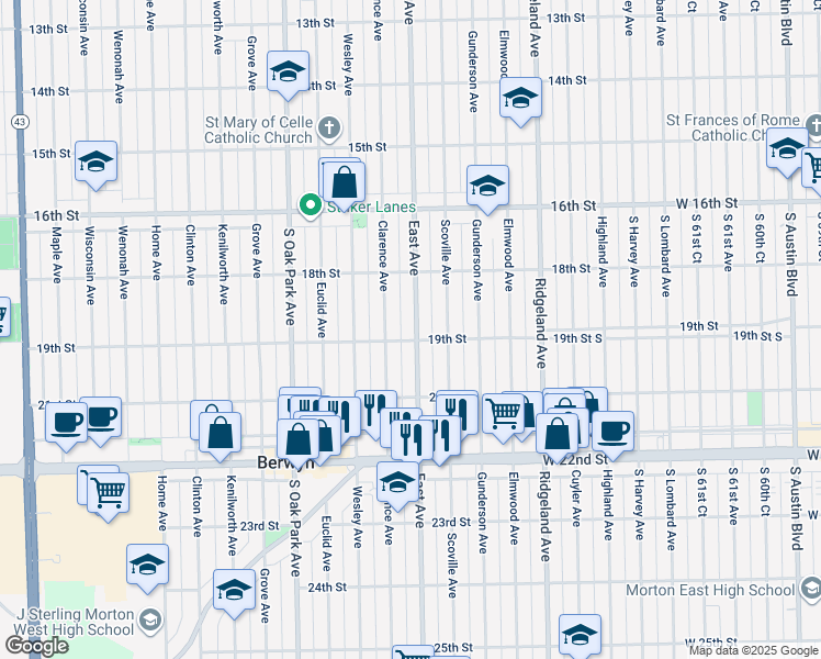 map of restaurants, bars, coffee shops, grocery stores, and more near 1846 East Avenue in Berwyn