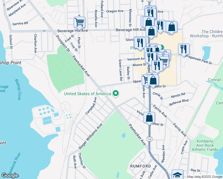 map of restaurants, bars, coffee shops, grocery stores, and more near 65 New Road in East Providence