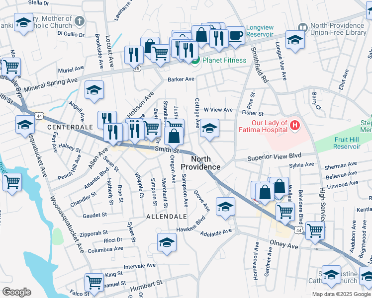 map of restaurants, bars, coffee shops, grocery stores, and more near 1711 Smith Street in North Providence