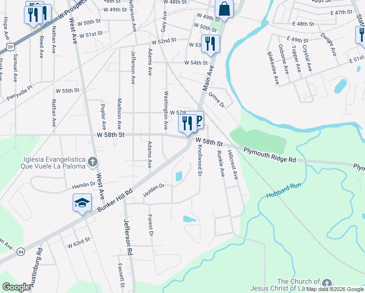 map of restaurants, bars, coffee shops, grocery stores, and more near 511 Bunker Hill Road in Ashtabula
