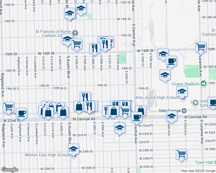 map of restaurants, bars, coffee shops, grocery stores, and more near 1900 South 57th Court in Cicero