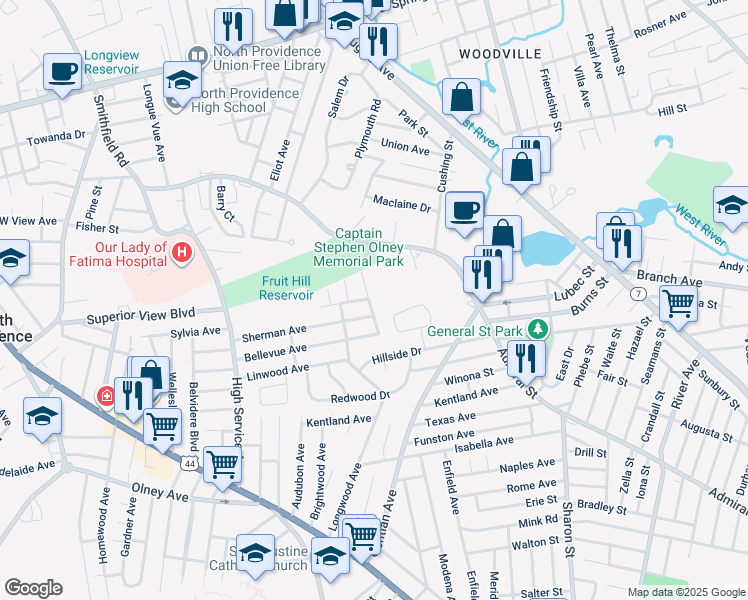map of restaurants, bars, coffee shops, grocery stores, and more near 9 Link Street in North Providence
