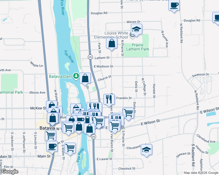 map of restaurants, bars, coffee shops, grocery stores, and more near 337 North Van Buren Street in Batavia