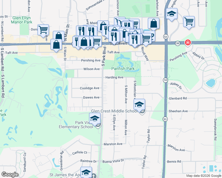 map of restaurants, bars, coffee shops, grocery stores, and more near 134 South Ellyn Avenue in Glen Ellyn