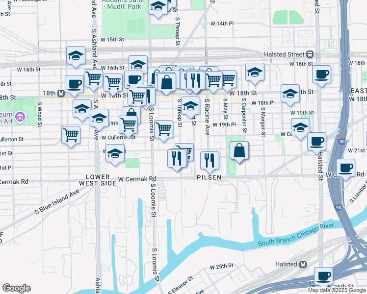 map of restaurants, bars, coffee shops, grocery stores, and more near 2023 South Throop Street in Chicago