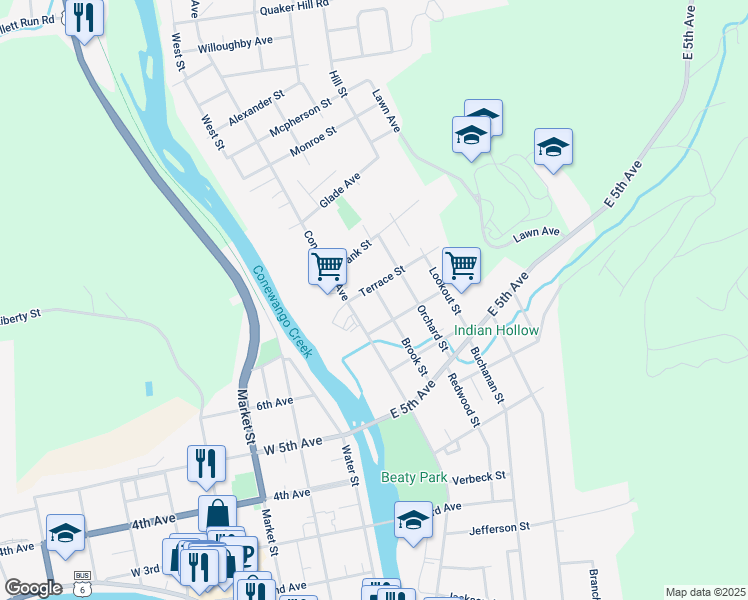 map of restaurants, bars, coffee shops, grocery stores, and more near 109 Brook Street in Warren