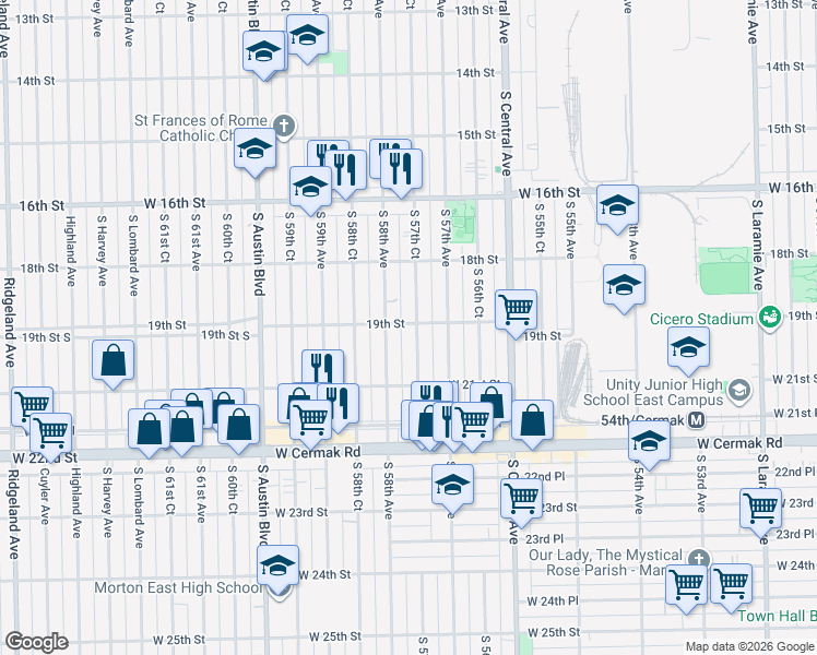 map of restaurants, bars, coffee shops, grocery stores, and more near 1900 South 57th Court in Cicero