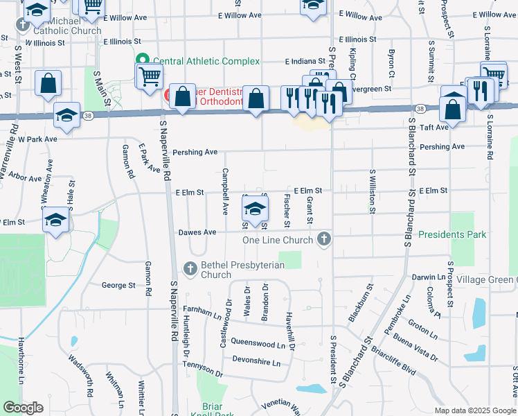 map of restaurants, bars, coffee shops, grocery stores, and more near 1118 South Chase Street in Wheaton