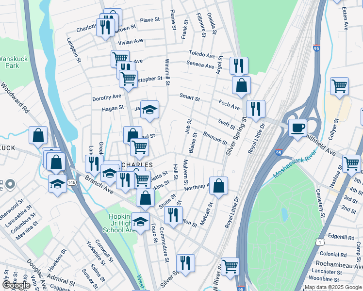 map of restaurants, bars, coffee shops, grocery stores, and more near 18 Job Street in Providence