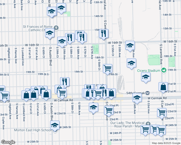 map of restaurants, bars, coffee shops, grocery stores, and more near 1900 South 57th Avenue in Cicero