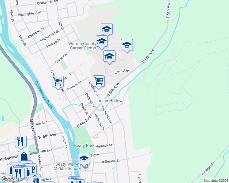map of restaurants, bars, coffee shops, grocery stores, and more near 324 East 5th Avenue in Warren