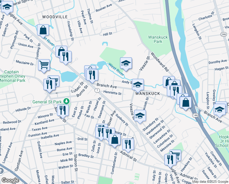 map of restaurants, bars, coffee shops, grocery stores, and more near 63 Henrietta Street in Providence