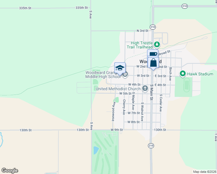 map of restaurants, bars, coffee shops, grocery stores, and more near 509 West 4th Street in Woodward