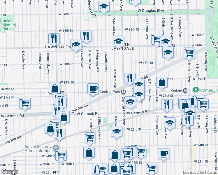 map of restaurants, bars, coffee shops, grocery stores, and more near 1919 South Lawndale Avenue in Chicago