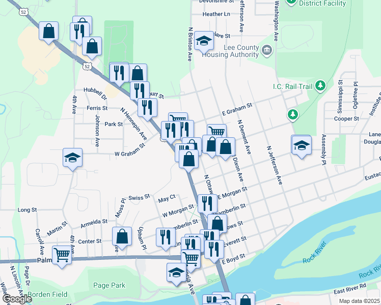 map of restaurants, bars, coffee shops, grocery stores, and more near 119 Bradshaw Street in Dixon