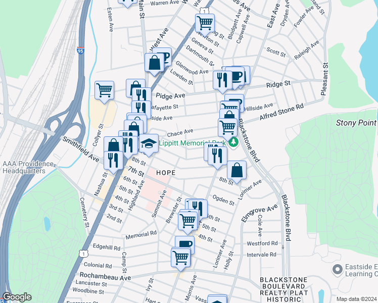 map of restaurants, bars, coffee shops, grocery stores, and more near 57 11th Street in Providence