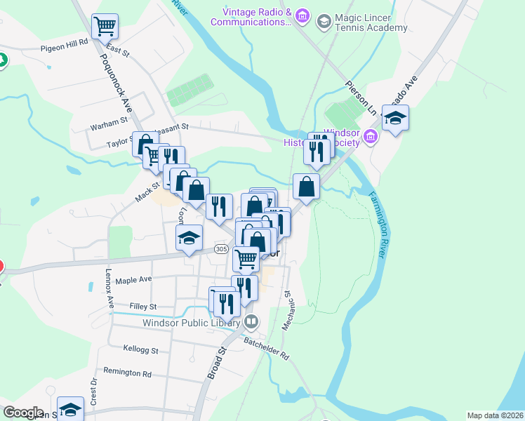 map of restaurants, bars, coffee shops, grocery stores, and more near 33 Phelps Street in Windsor