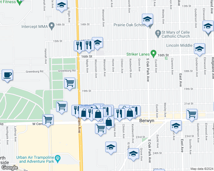 map of restaurants, bars, coffee shops, grocery stores, and more near 1839 Wenonah Avenue in Berwyn